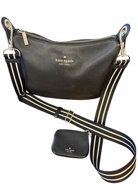 Kate Spade Black Leather Crossbody with Striped Strap and Coin Pouch